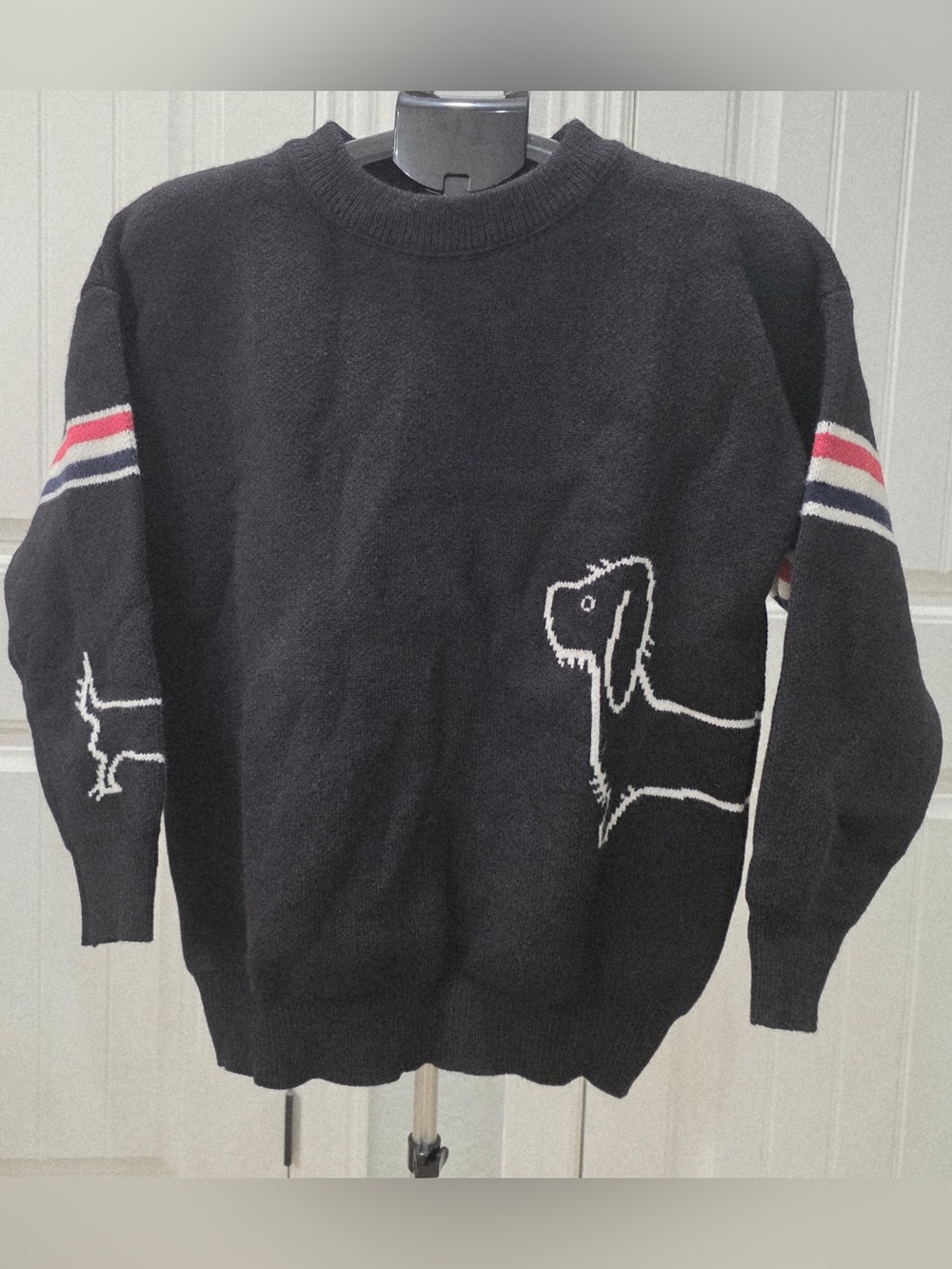 Thom Browne Black Crewneck Sweater with White Dog Motif and Stripe Detail